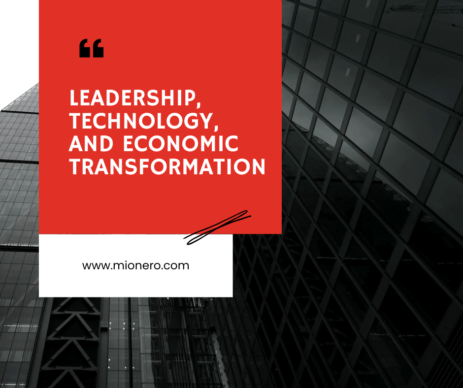 Modern corporate architecture with quote about leadership technology and economic transformation for business professionals