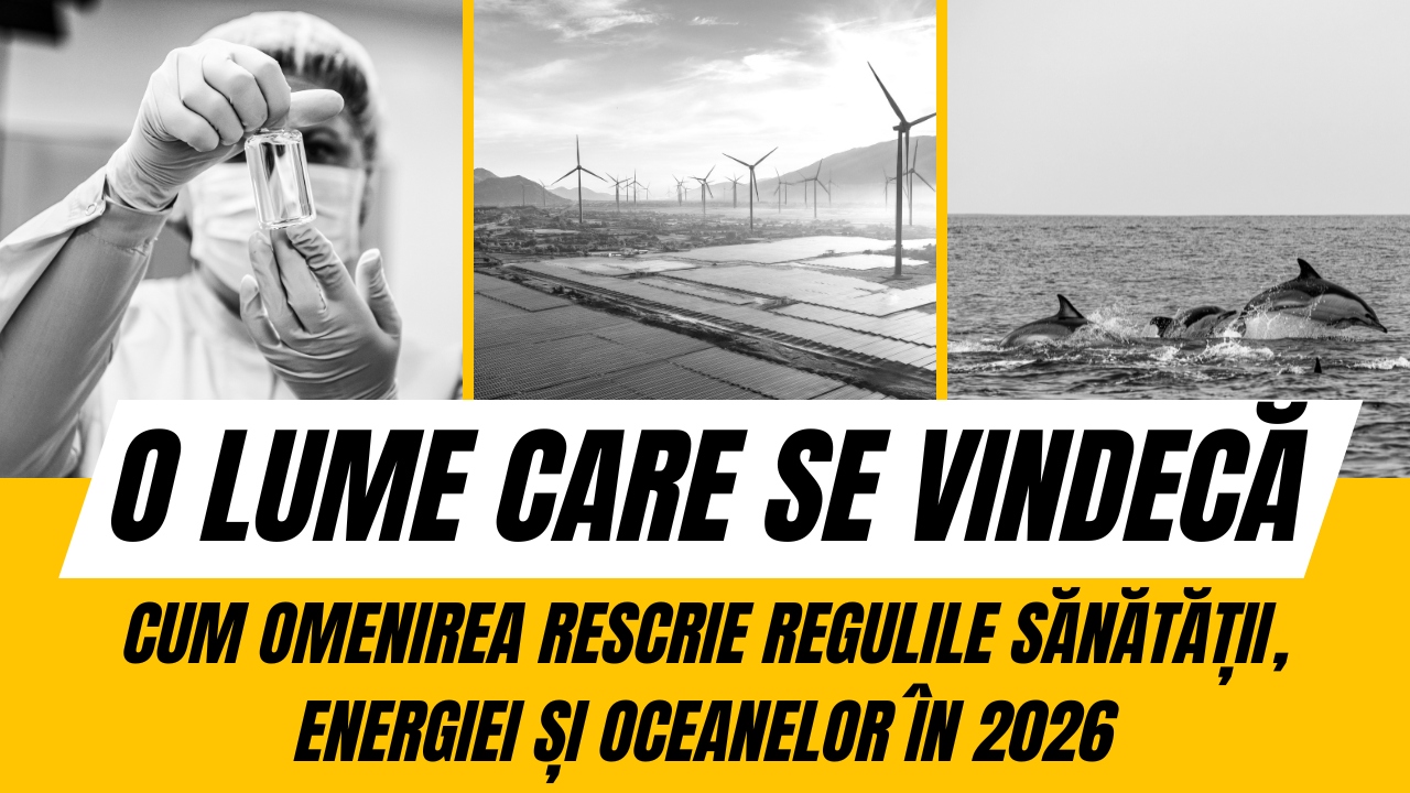 Colaj editorial alb-negru cu trei imagini reprezentând realizări globale din 2026: un cadru medical în echipament de protecție ținând un flacon de laborator, un parc eolian și solar extins pe câmpie, și delfini sărind din ocean, însoțite de titlul „O lume care se vindecă: Cum omenirea rescrie regulile sănătății, energiei și oceanelor în 2026"